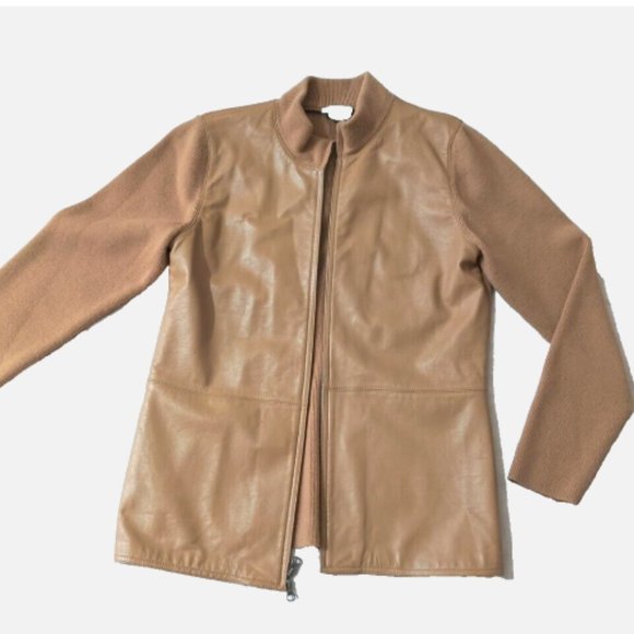 Bird Hill Genuine Leather Front Wool Back & Sleeves 2-way Zipper Jacket M Cognac - Picture 4 of 16